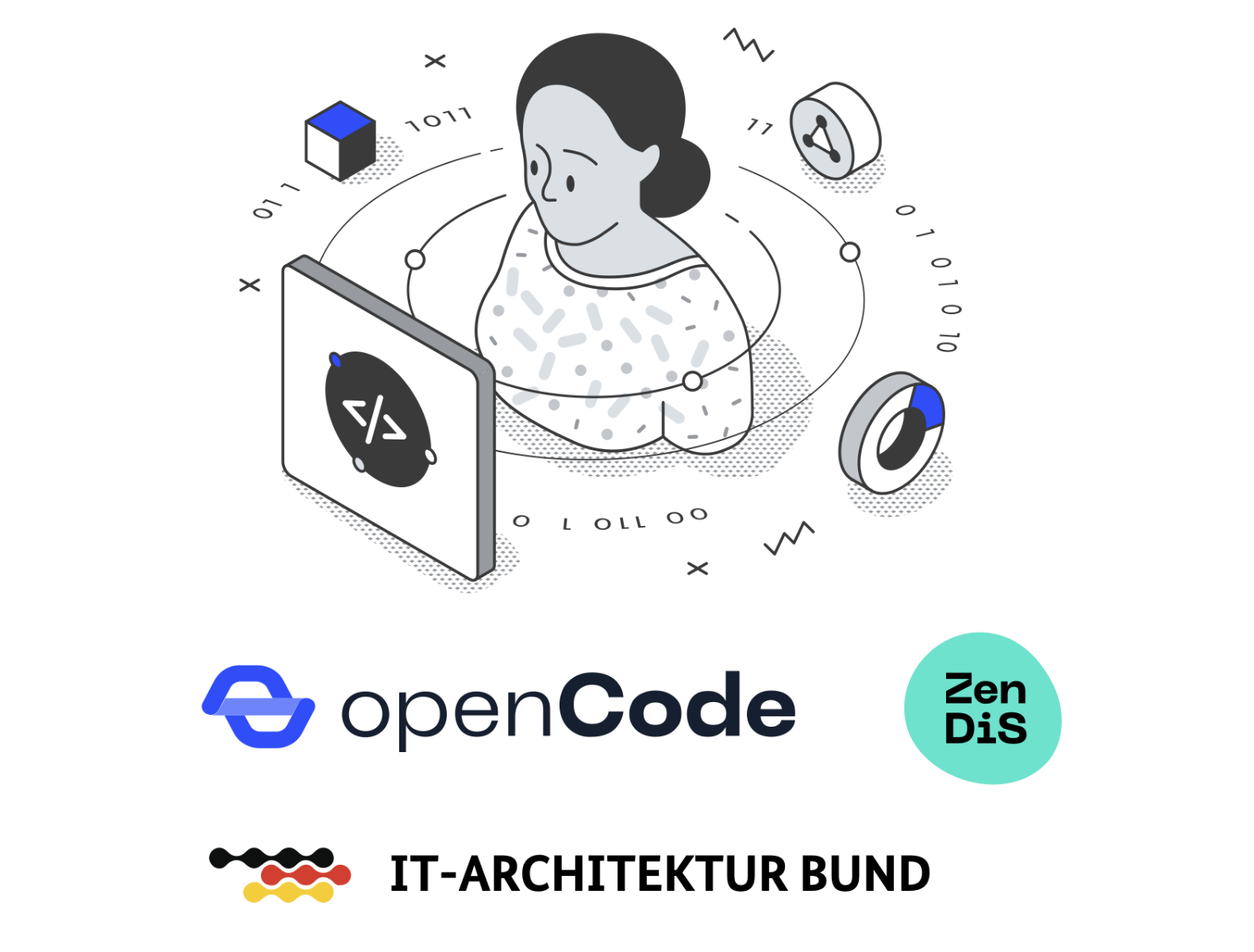 Gezeichnete Darstellung einer Frau umringt von nullen und einsen und einem Code-Symbol vor sich. Unter dieser Darstellung sind das openCode, Zendis und IT-Architektur Bund Logo aufgeführt.