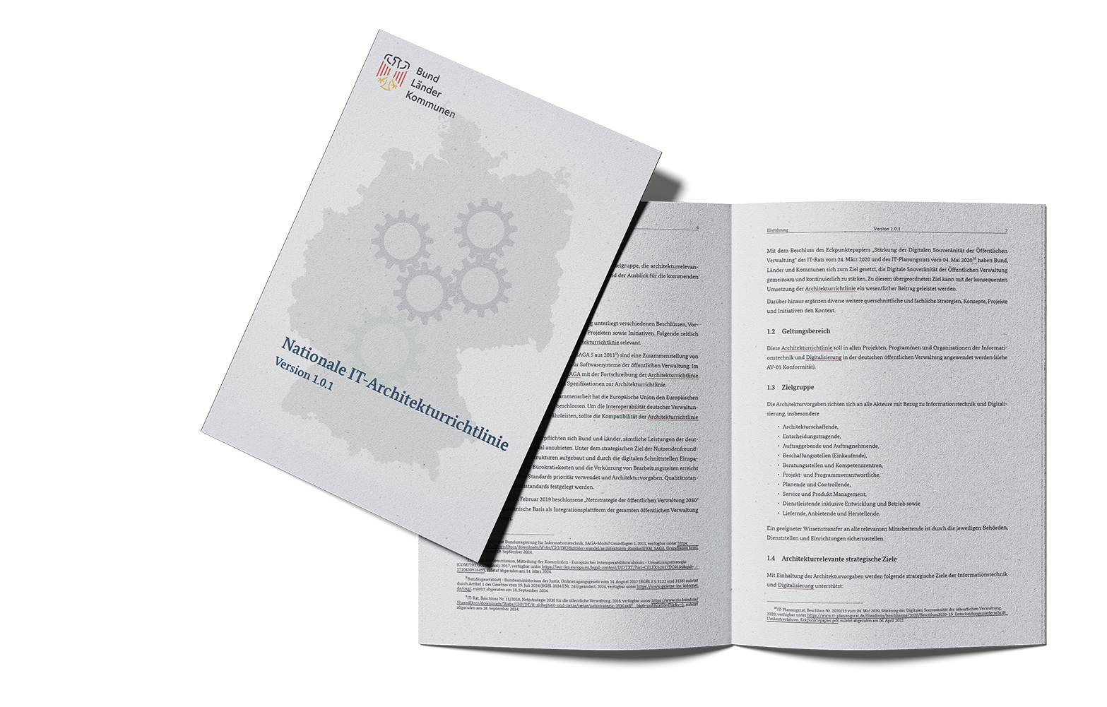 Eine Mockup-Darstellung der Nationalen IT-Architekturrichtlinie als ausgedrucktes Dokument.