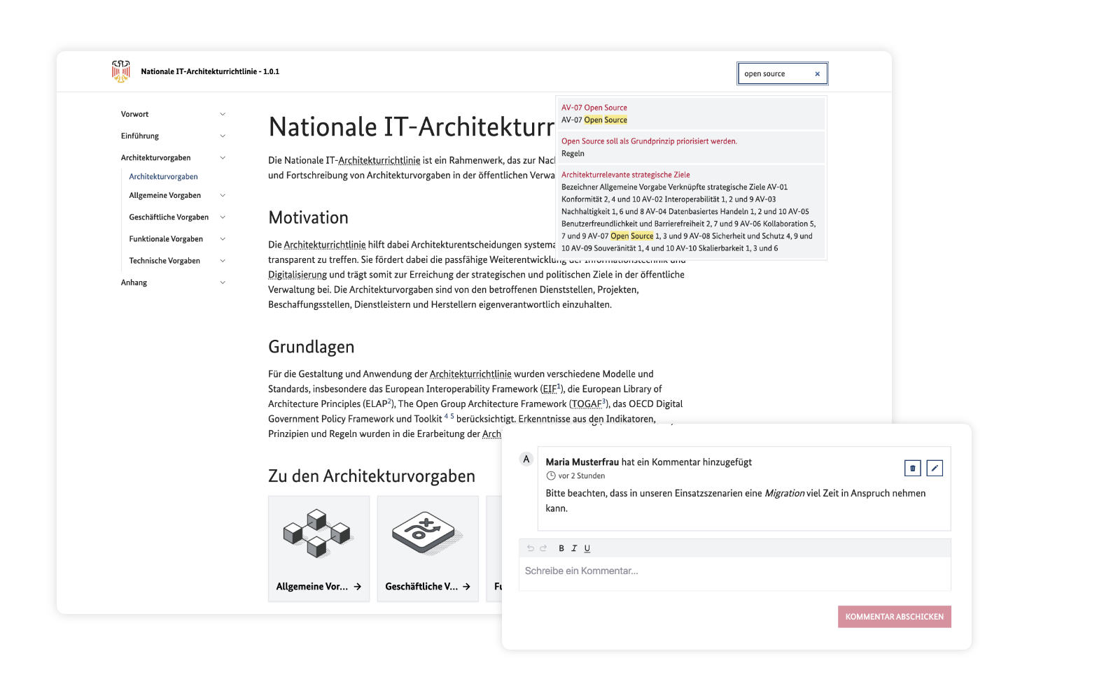 Ein Screenshot der Web-Ansicht (GitLab Pages) der Nationalen IT-Architekturrichtlinie mit aktivierter Suche nach dem Begriff 'Open Source'. Der Screenshot wird überlagert mit einem Screenshot der das Kommentarfeld zeigt welches zur Kommentierung eines Dokuments genutzt werden kann.